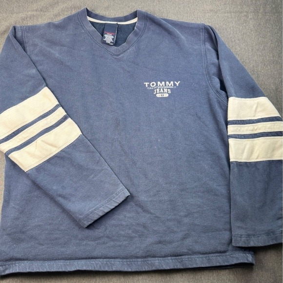 Tommy Hilfiger Other - Tommy Jeans Mens Vintage Style Striped Sleeve Blue Sweatshirt Large L